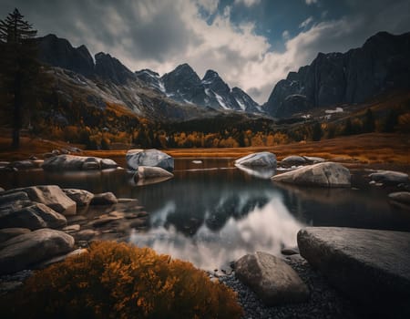 Beautiful cinematic mountain landscape with black marble and granite. High quality illustration