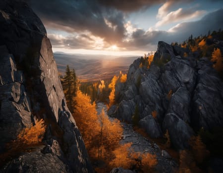 Beautiful cinematic mountain landscape with black marble and granite. High quality illustration