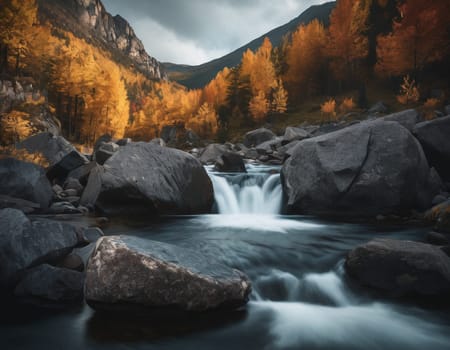 Beautiful cinematic mountain landscape with black marble and granite. High quality illustration