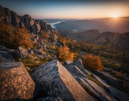 Beautiful cinematic mountain landscape with black marble and granite. High quality illustration