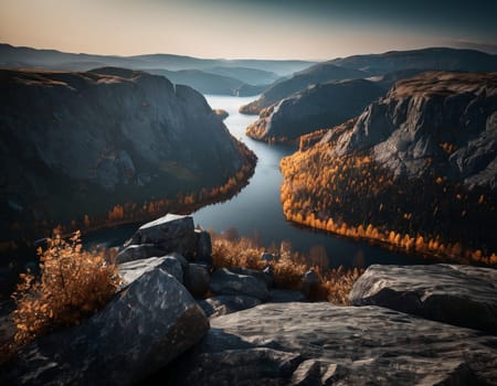 Beautiful cinematic mountain landscape with black marble and granite. High quality illustration