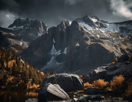 Beautiful cinematic mountain landscape with black marble and granite. High quality illustration