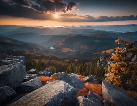 Beautiful cinematic mountain landscape with black marble and granite. High quality illustration