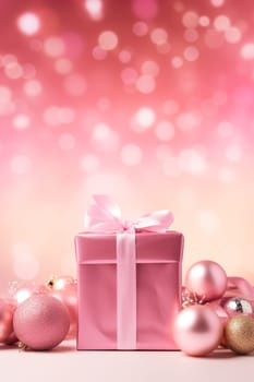 Beautiful pink Christmas background with present, shining decoration and empty space. Bokeh lights. Copy space for your text. Merry Xmas, Happy New Year. Festive vertical backdrop. Generative AI