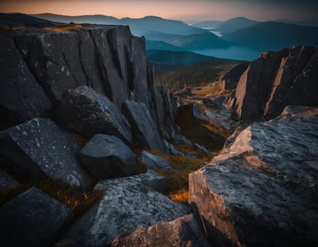 Beautiful cinematic mountain landscape with black marble and granite. High quality illustration