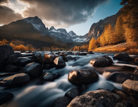 Beautiful cinematic mountain landscape with black marble and granite. High quality illustration