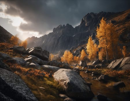 Beautiful cinematic mountain landscape with black marble and granite. High quality illustration