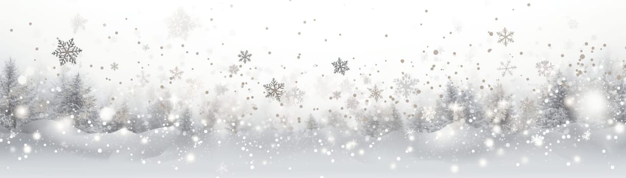 Winter wonderland scene with snowy trees and intricate snowflakes falling, set against a soft wintry background. Merry Xmas, Happy New Year banner. Festive backdrop. Generative AI