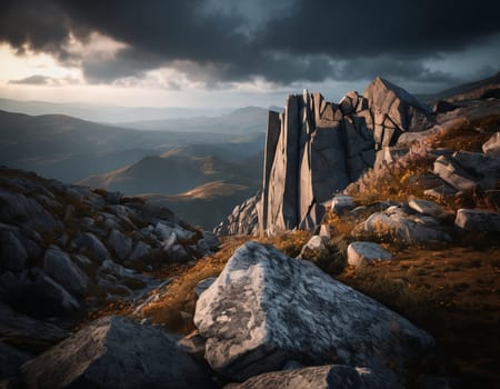 Beautiful cinematic mountain landscape with black marble and granite. High quality illustration