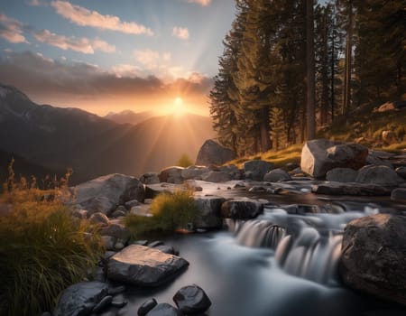 Beautiful cinematic mountain landscape with black marble and granite. High quality illustration