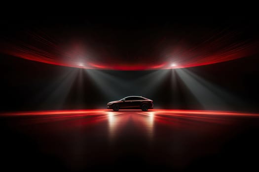 Side view of a modern car on stage in the rays of spotlights