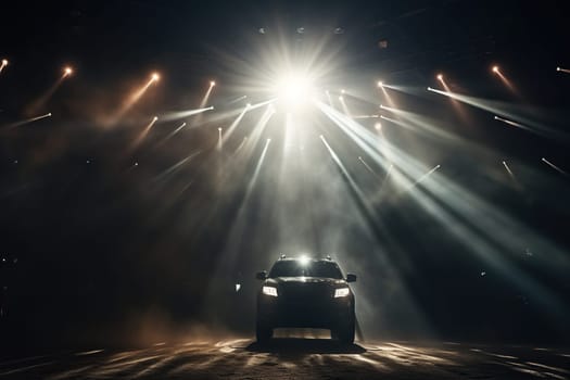 Burning car headlights in the dark in the rays of spotlights. Generated by artificial intelligence