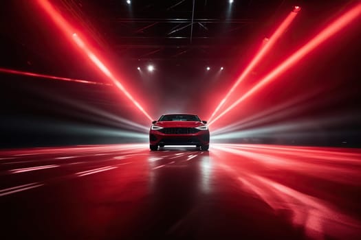 Speedy car in a tunnel with bright red light and spotlight. The latest high-speed technologies. Generated by artificial intelligence