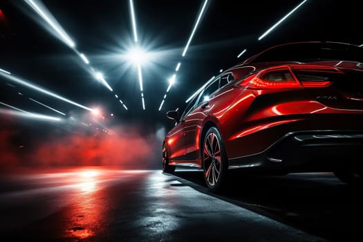 Modern red car in a tunnel, blurry tunnel light.