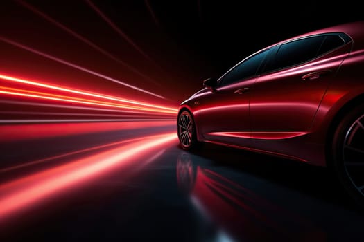 Modern red car in a tunnel, blurry tunnel light.