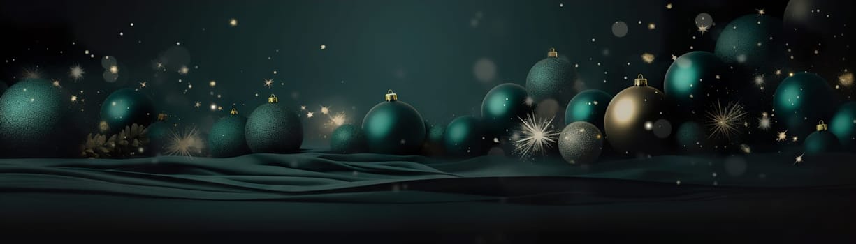 Beautiful dark Christmas background with green and golden, shining decoration and empty space. Glitter. Copy space for your text. Merry Xmas, Happy New Year. Festive backdrop, banner. Generative AI