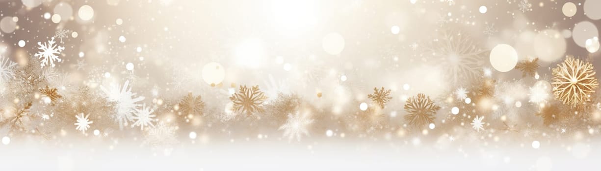 Golden and white snowflake celebration with sparkling bokeh lights, perfect for a festive winter holiday backdrop. Copy space for your text. Merry Xmas, Happy New Year background. Generative AI