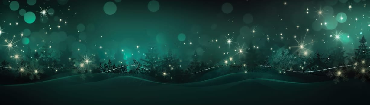 Dark green Christmas background with fir trees, snowflakes and empty space. Copy space for your text. Merry Xmas, Happy New Year. Festive backdrop, banner. Generative AI