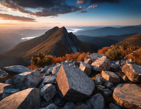 Beautiful cinematic mountain landscape with black marble and granite. High quality illustration