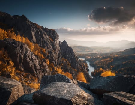 Beautiful cinematic mountain landscape with black marble and granite. High quality illustration