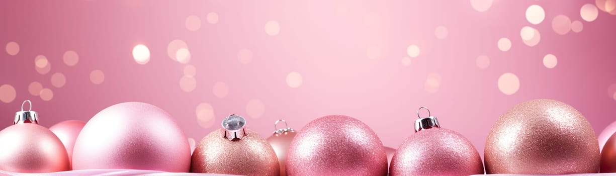 Beautiful pink Christmas background with shining decor and empty space. Glitter, bokeh lights. Copy space for your text. Merry Xmas, Happy New Year. Festive backdrop. Generative AI