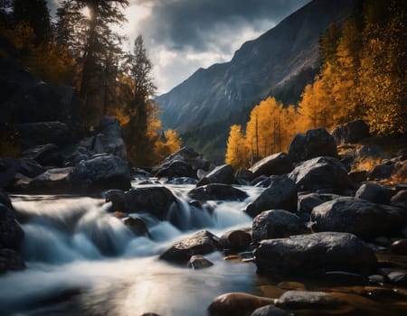 Beautiful cinematic mountain landscape with black marble and granite. High quality illustration