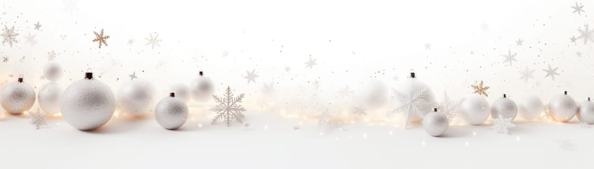 Beautiful Christmas background with white decoration and empty space. Snow, snowflakes. Copy space for your text. Merry Xmas, Happy New Year. Festive backdrop. Generative AI