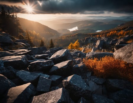 Beautiful cinematic mountain landscape with black marble and granite. High quality illustration