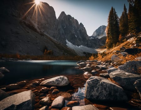 Beautiful cinematic mountain landscape with black marble and granite. High quality illustration