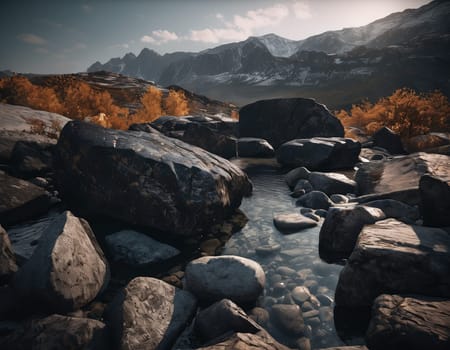 Beautiful cinematic mountain landscape with black marble and granite. High quality illustration