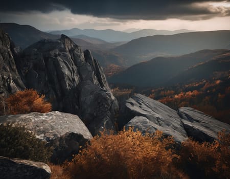 Beautiful cinematic mountain landscape with black marble and granite. High quality illustration