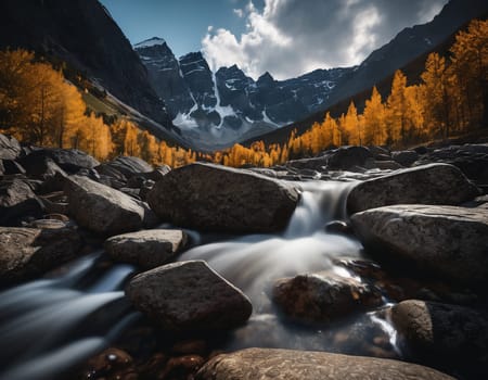 Beautiful cinematic mountain landscape with black marble and granite. High quality illustration