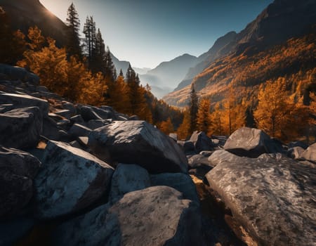 Beautiful cinematic mountain landscape with black marble and granite. High quality illustration