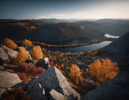 Beautiful cinematic mountain landscape with black marble and granite. High quality illustration