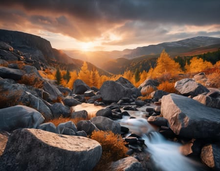 Beautiful cinematic mountain landscape with black marble and granite. High quality illustration