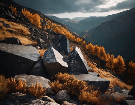 Beautiful cinematic mountain landscape with black marble and granite. High quality illustration