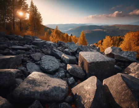 Beautiful cinematic mountain landscape with black marble and granite. High quality illustration