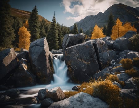 Beautiful cinematic mountain landscape with black marble and granite. High quality illustration