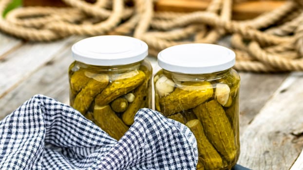 Glass jars with pickled red bell peppers and pickled cucumbers (pickles) isolated. Jars with variety of pickled vegetables. Preserved food concept in a rustic composition.