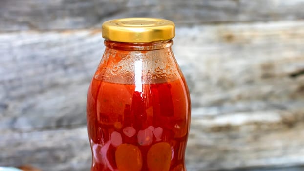 Bottle of tomato sauce, preserved canned food concept isolated.