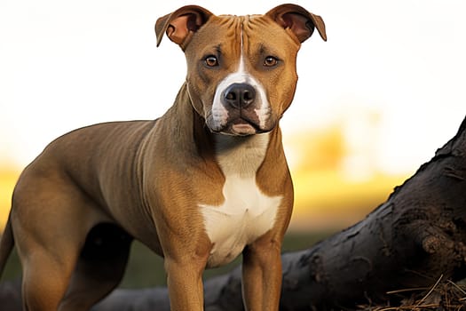 Portrait of American Staffordshire Terrier on background of nature, close up photo. Ai generative art