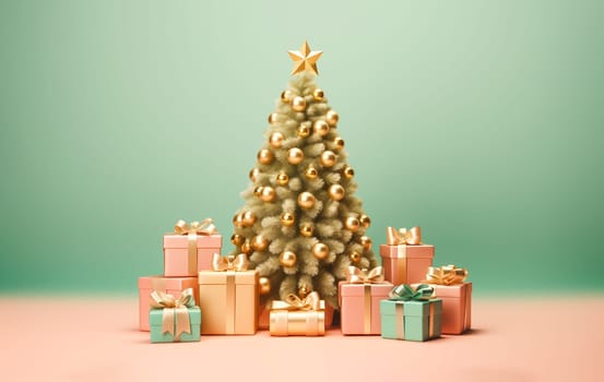 Festive Postcard New Year. Green Christmas Tree, Pine with Golden Toys, Decorations And Gift Boxes, Presents on Green, Pink Background. Minimalism, Template. AI Generated. Horizontal Plane