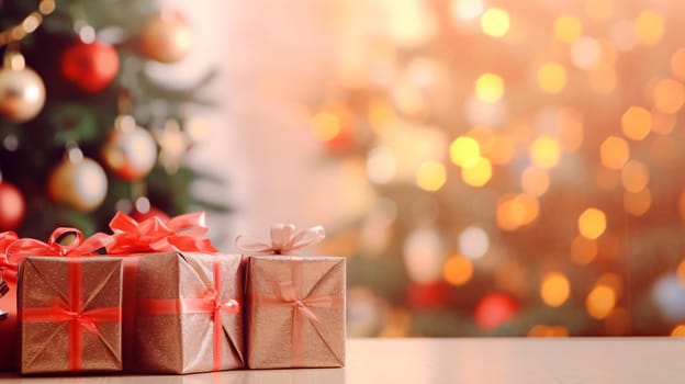 gift boxes in front of a christmas tree - shallow depth of field - AI Generative