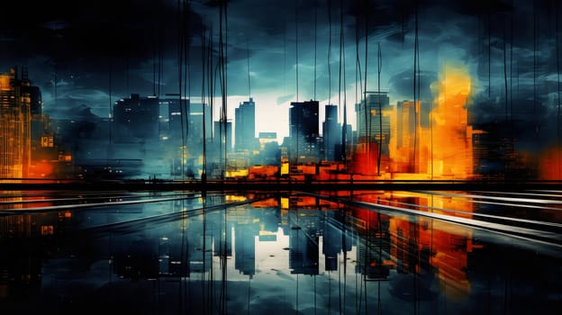 colored abstract city skyline with reflection - modern digital painting - AI generative