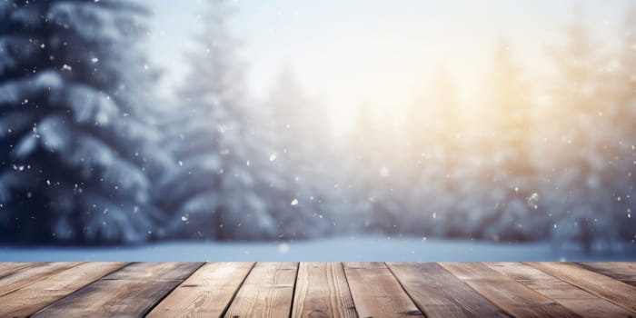 Empty table in beautiful winter landscape, wood plank board in snow mountain outdoor comeliness