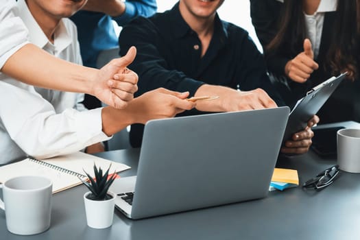 Group of diverse office worker employee working together on strategic business marketing planning in corporate office room. Positive teamwork in business workplace concept. Prudent