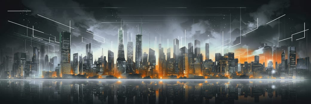 Abstract futuristic night city, Concept for IOT, smart city, speed connection and taintless advanced communication network.