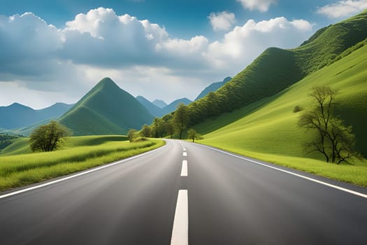 Asphalt road in green meadow and blue sky with white clouds