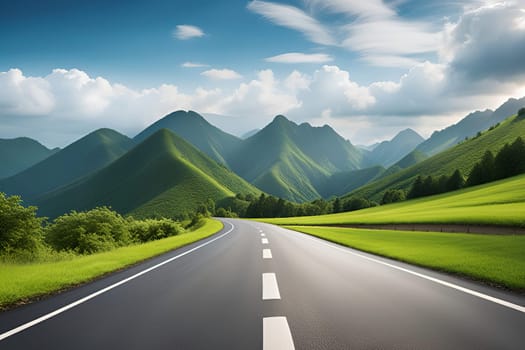 Asphalt road in green meadow and blue sky with white clouds