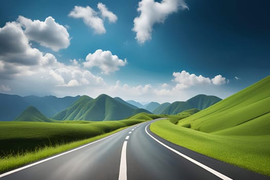 Asphalt road in green meadow and blue sky with white clouds